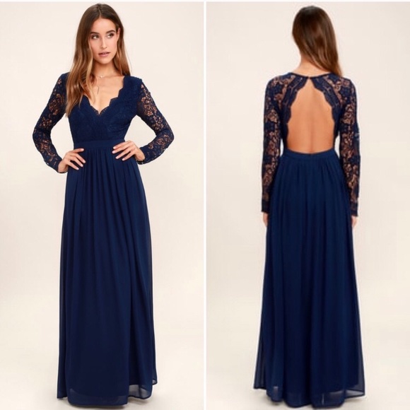 awaken my love navy blue long sleeve lace maxi dress